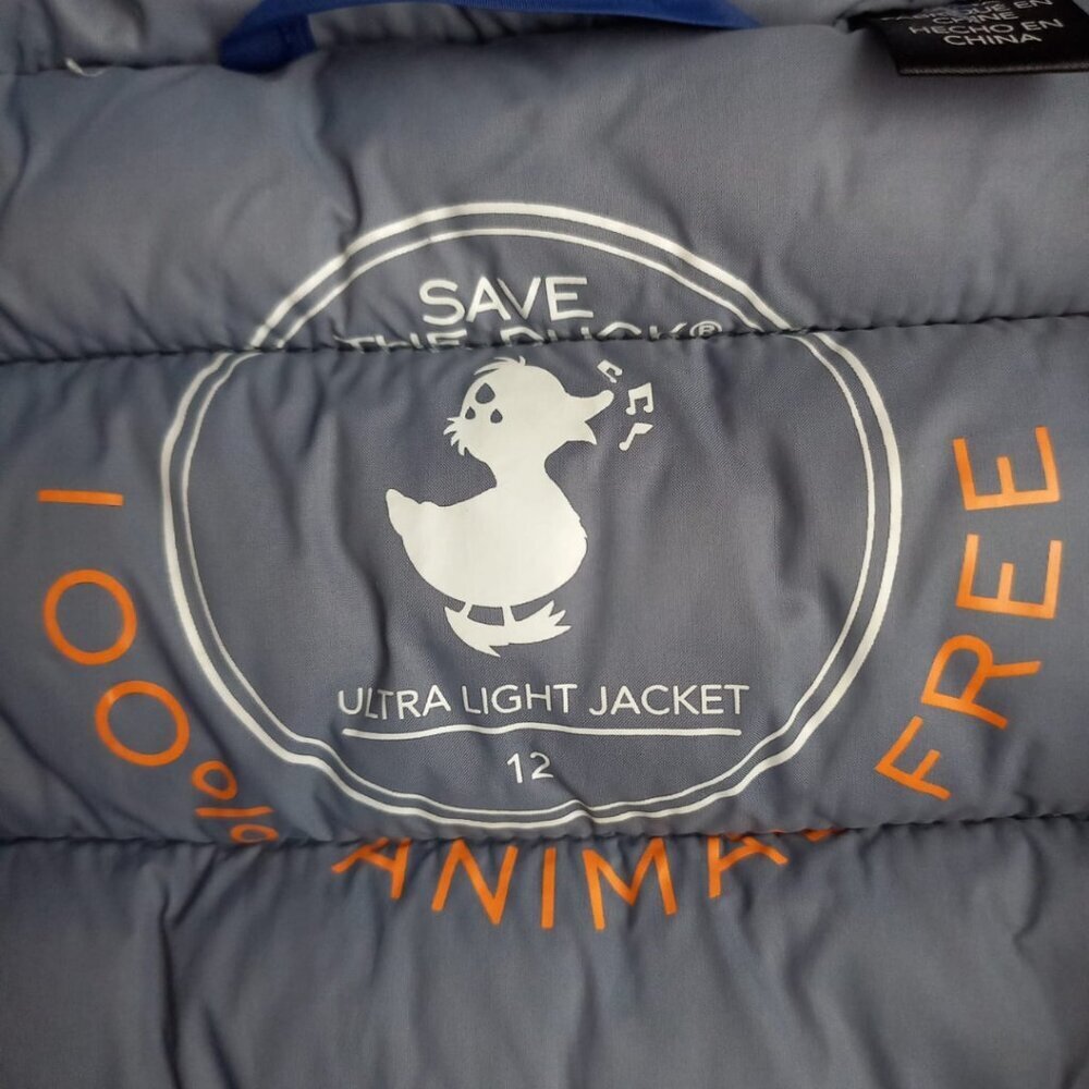 Save The Duck Kids Dony Blue Puffer Jacket Size 12 Animal Free Hooded Coat - Picture 7 of 12